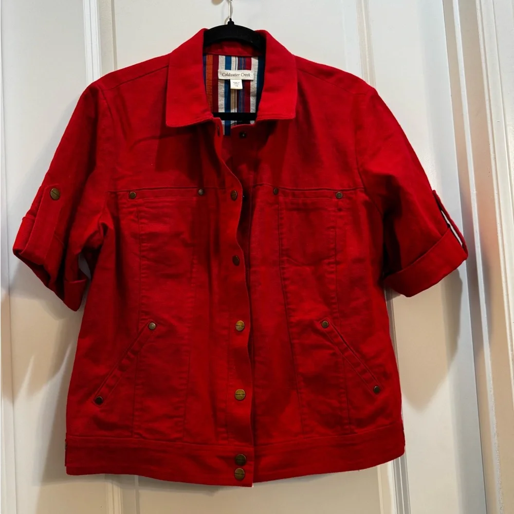 Coldwater Creek Red Jacket/Blazer Short Sleeve Collared Pockets 55% Linen45% Cot - Picture 5 of 7